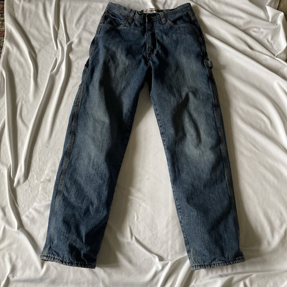 Mens Carpenter Jeans 32x34 Blue Denim Relaxed Fit Red Fleece Lined Casual Work P